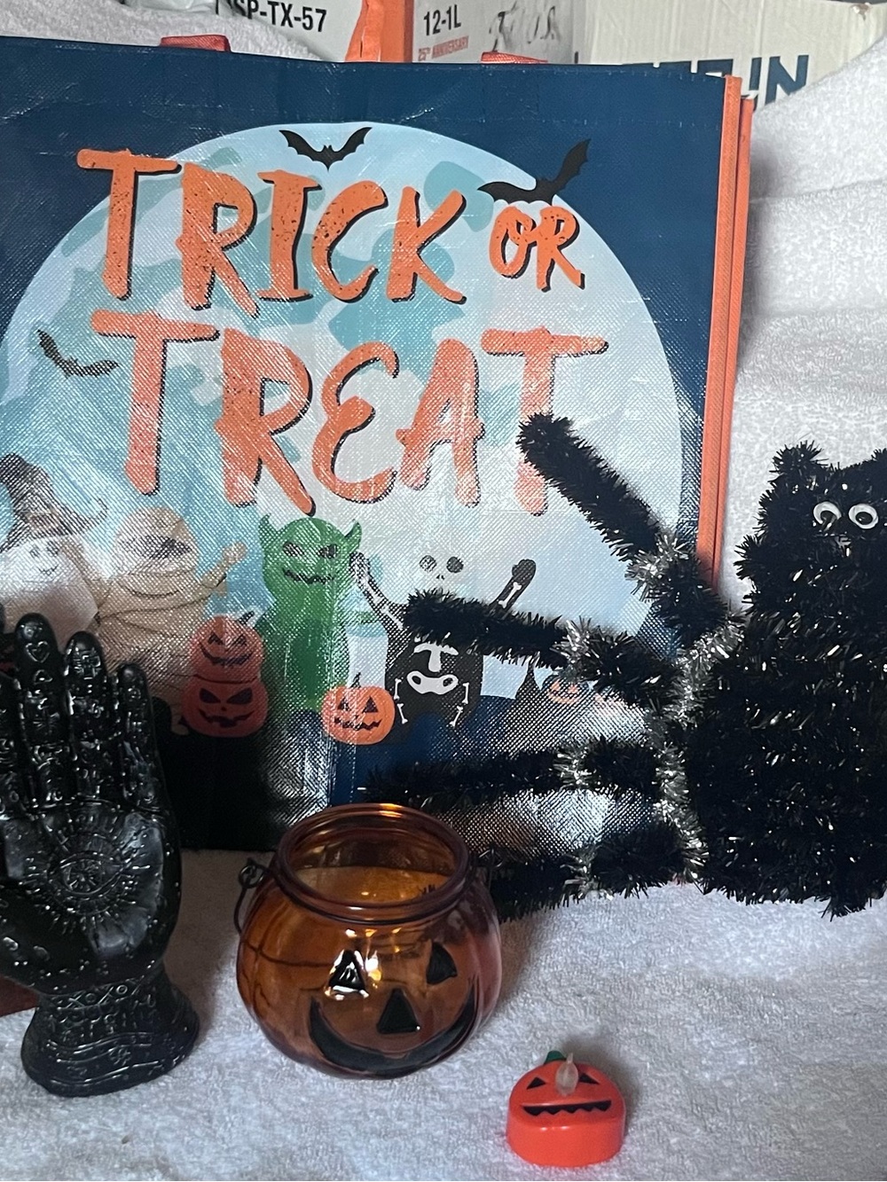 Halloween bag, Black Spider decoration, pumpkin candle holder.